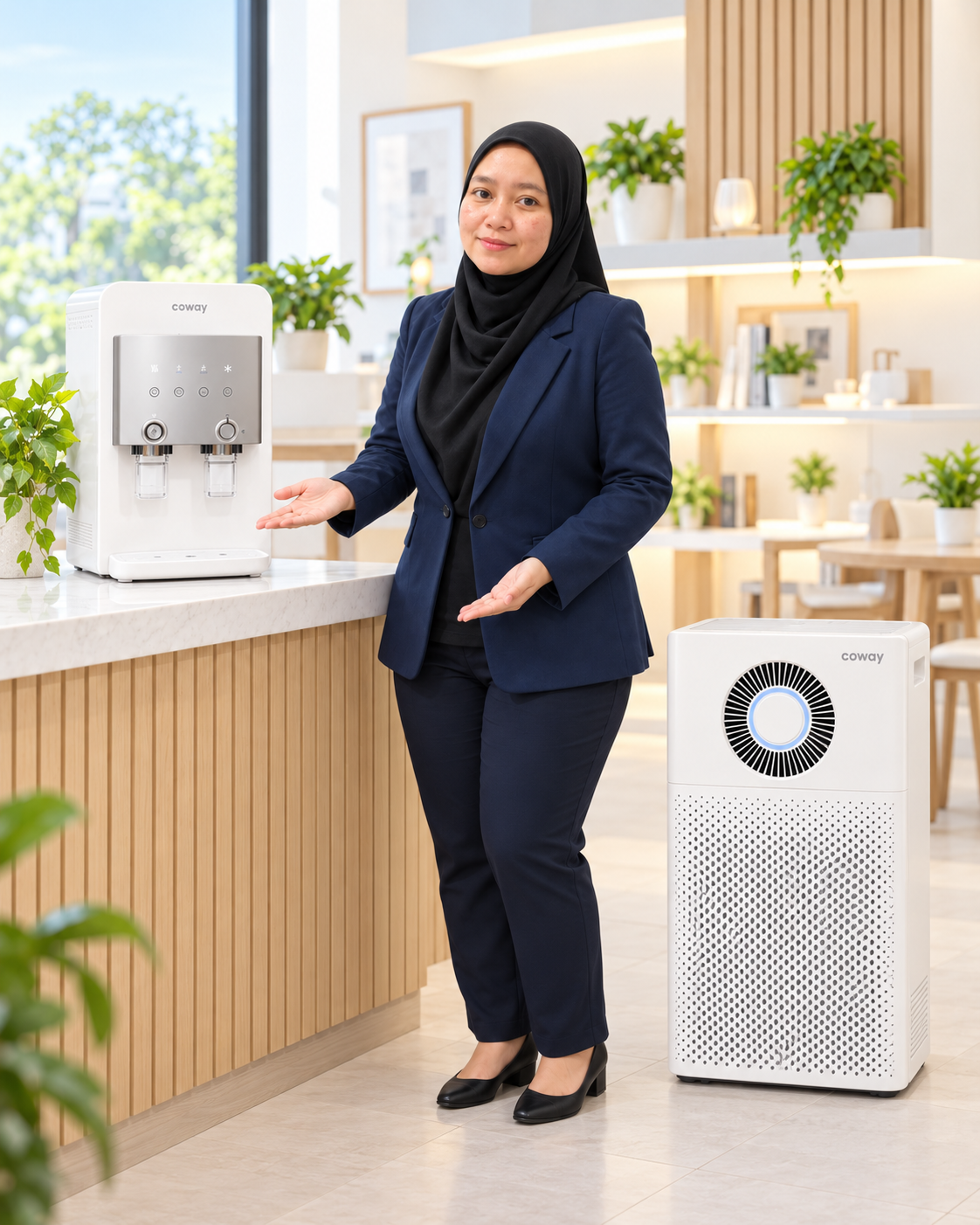 Desy, Health Planner Coway Bandung, memperkenalkan water purifier dan air purifier Coway